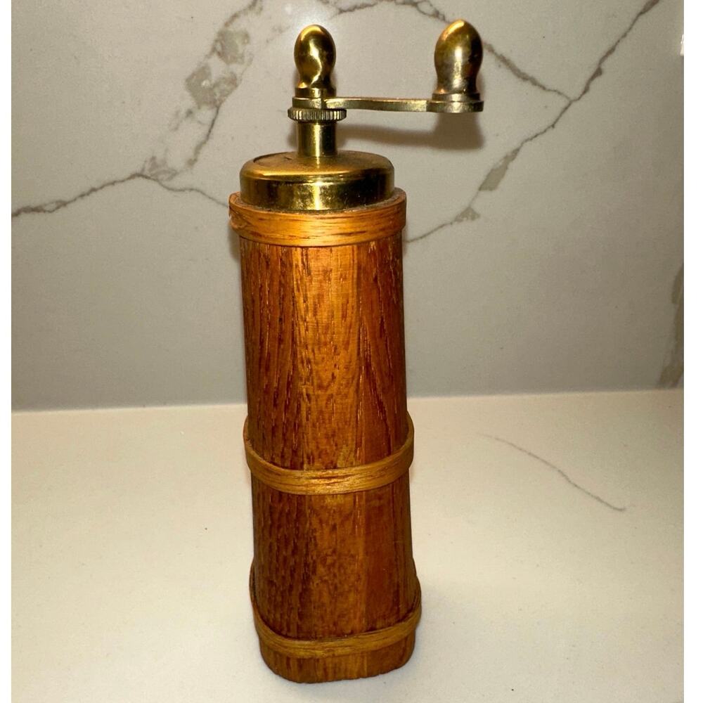 Vintage Wooden Pepper Mill C.C. Fleur De Li  Brass grinder Measures 7.5” tall